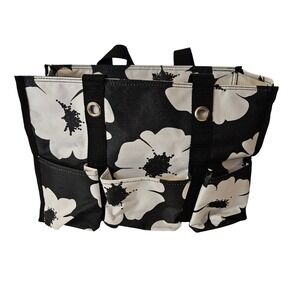 Thirty One White Poppy Black Floral Utility Tote Bag Organizer Pockets Top Zip